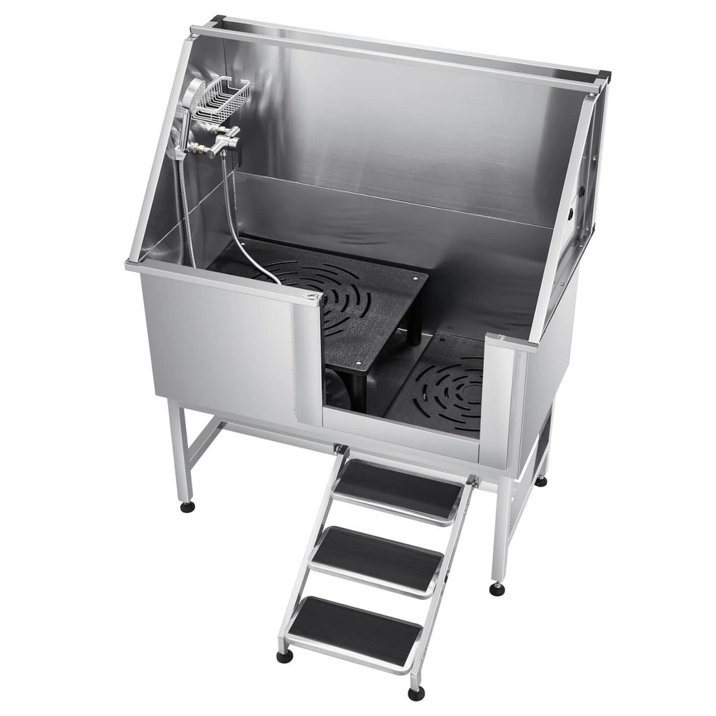 Stainless steel pet grooming tub with front access panel, drain, and right stairs