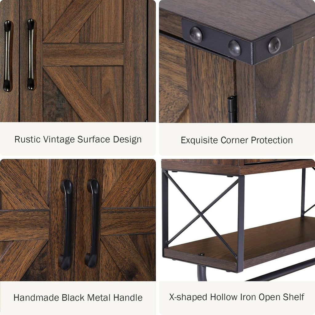 Detail view of rustic wood barn doors with black metal handles and corner protection