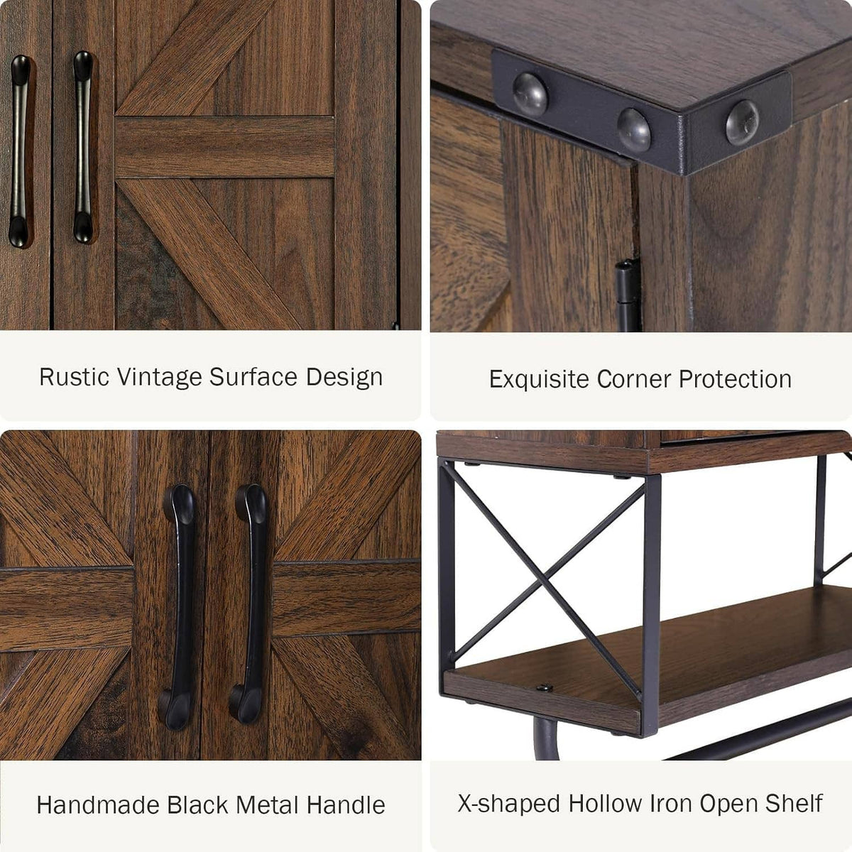 Detail view of rustic wood barn doors with black metal handles and corner protection