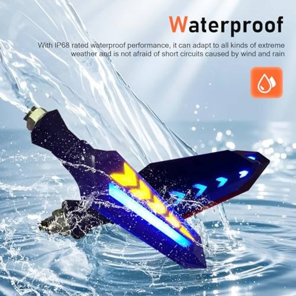 Waterproof-rated blue arrow LED turn indicator lights with splashing water impact
