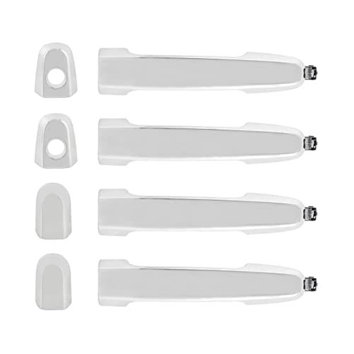 Four-piece exterior door handle set: white handles with gray base plates and metal latch screws