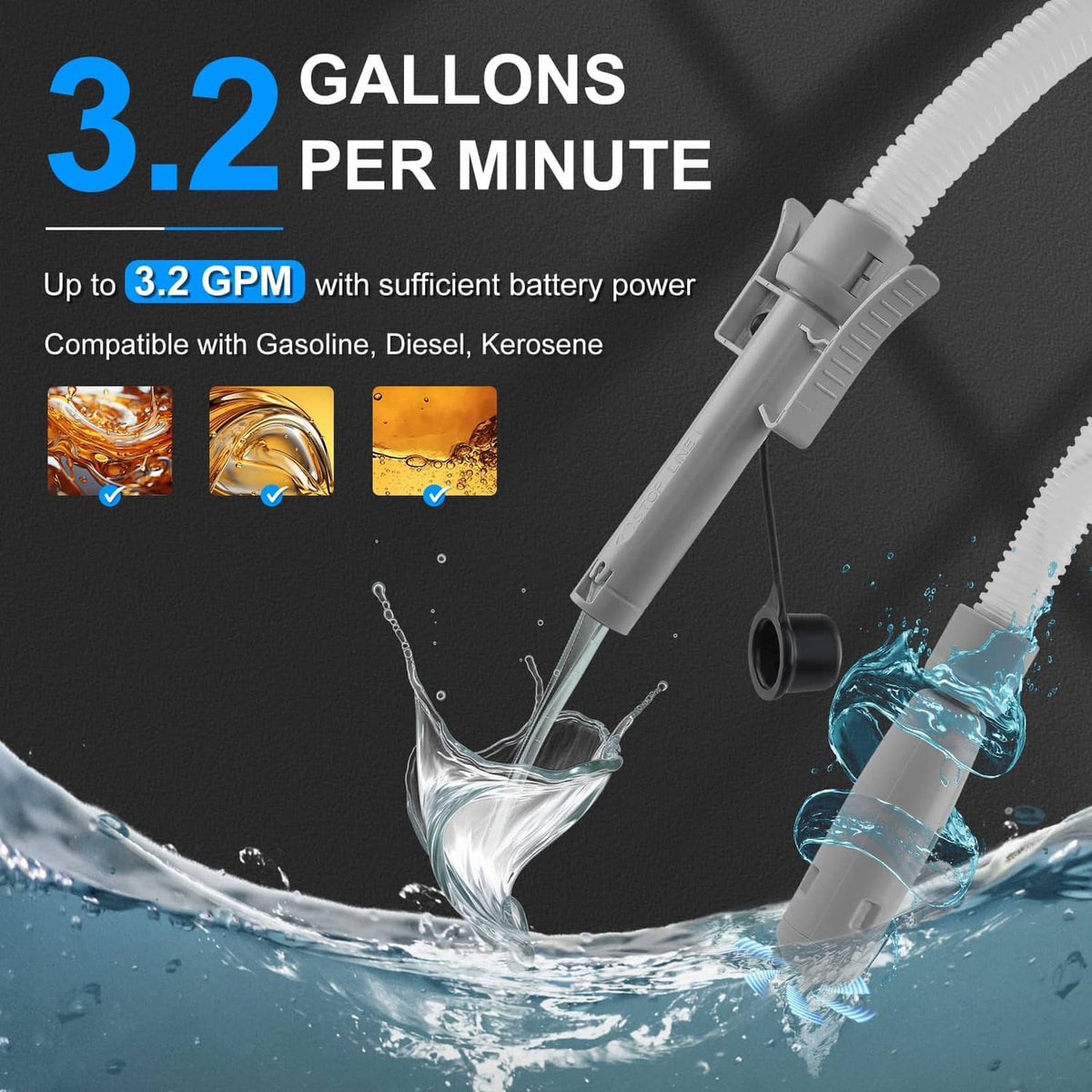 Portable fuel transfer pump with long white intake hose, dispensing fuel at high flow