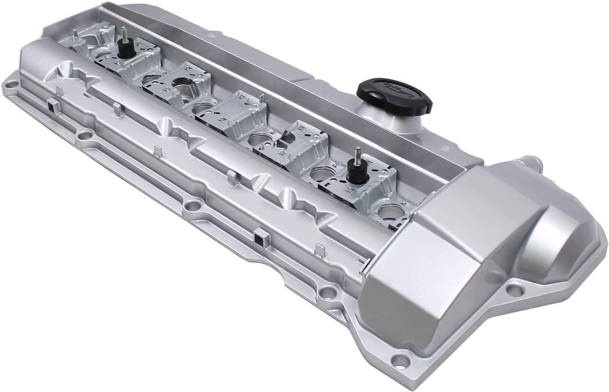 Aluminum valve cover, metallic silver, shown at an angled side view
