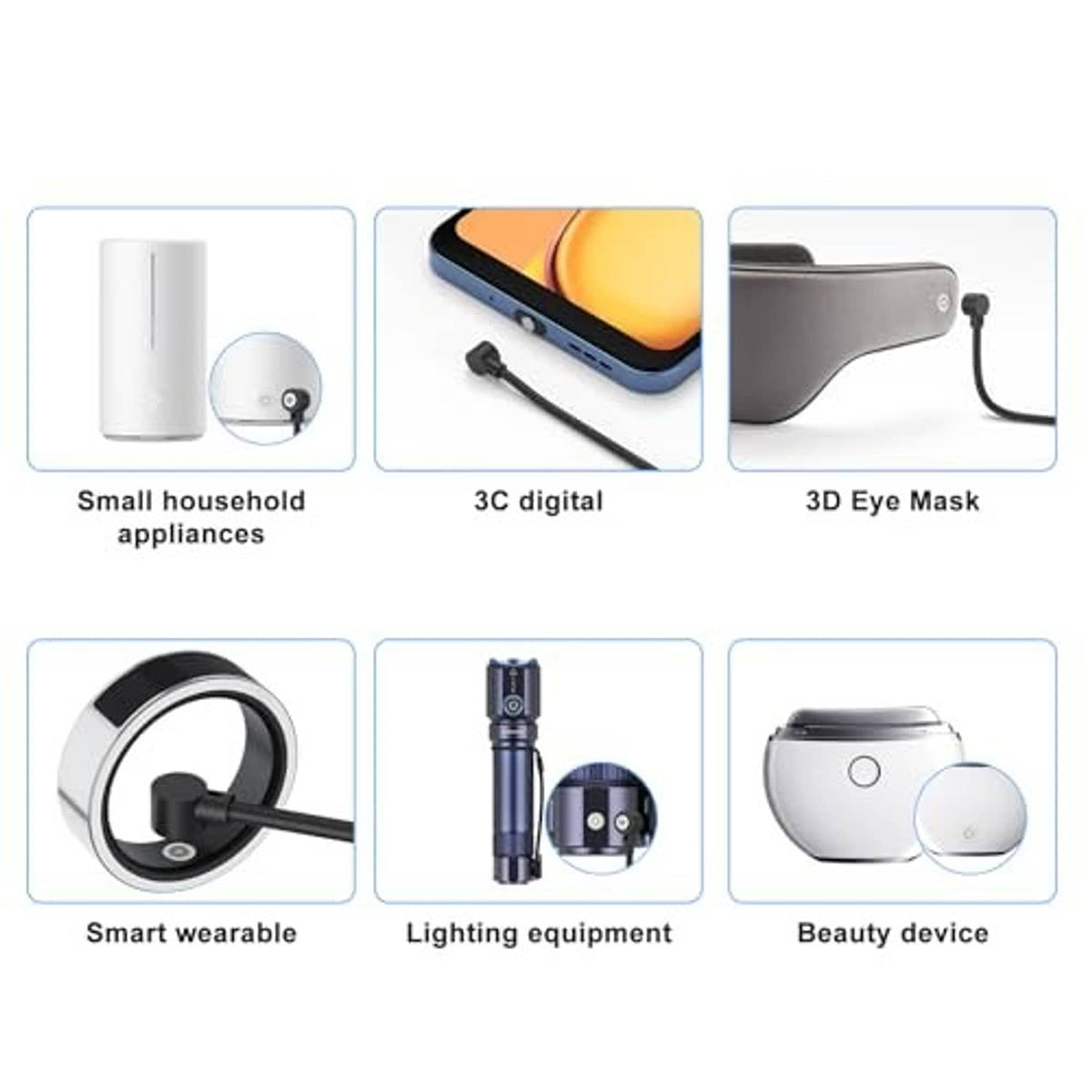 Smart ring magnetic charger cable shown with ring charging adapter and various devices