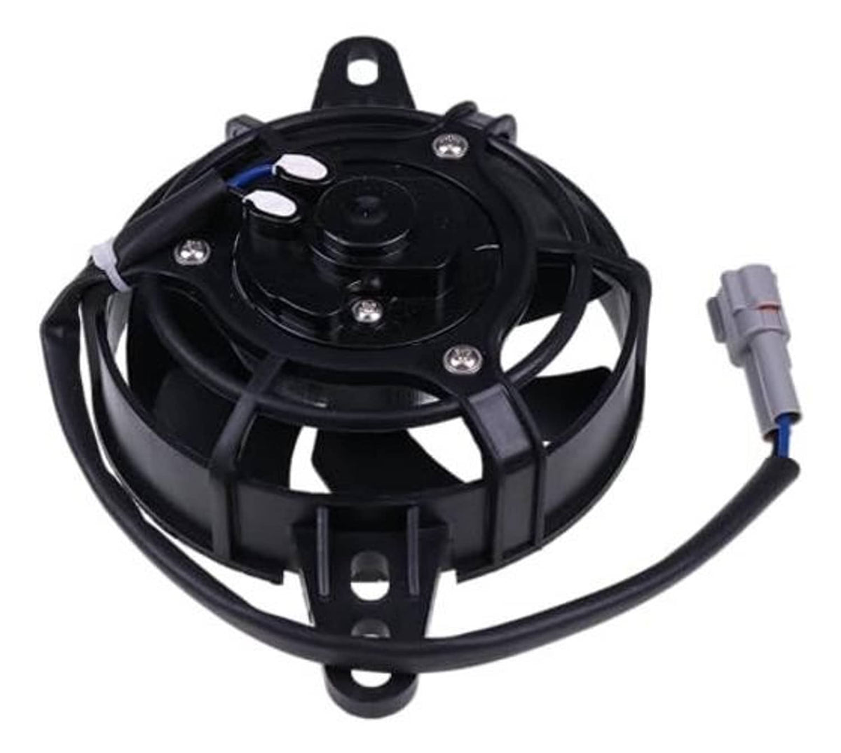 4-inch electric motorcycle radiator cooling fan, front view with black fan blades and connectors