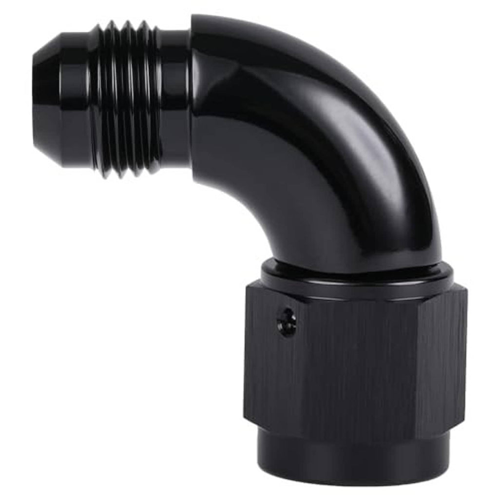 Black 90-degree swivel AN adapter fitting with knurled body and threaded end