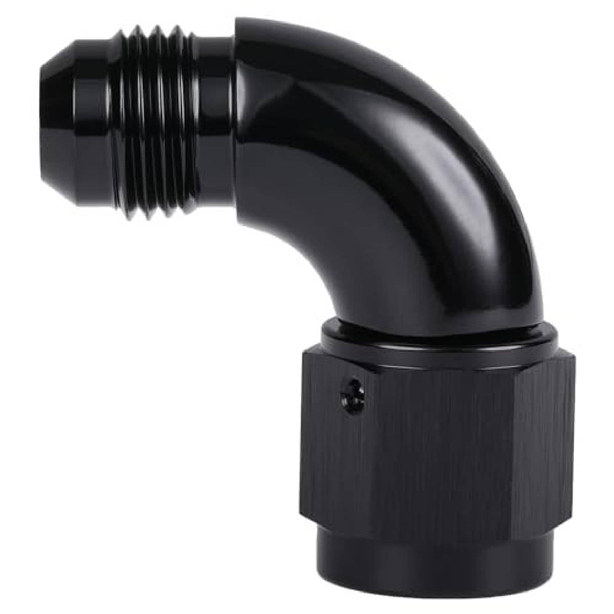 Black 90-degree swivel AN adapter fitting with knurled body and threaded end