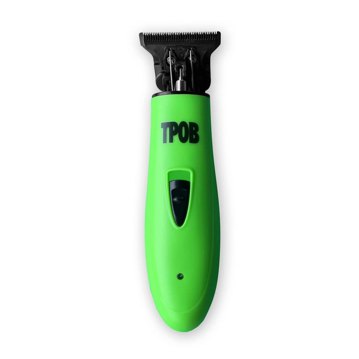 Green handheld hair clipper with black comb guard and visible blade housing