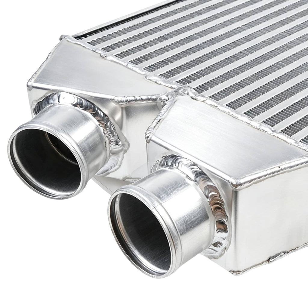 Aluminum intercooler end with twin inlet/outlet pipes and welded corner seams