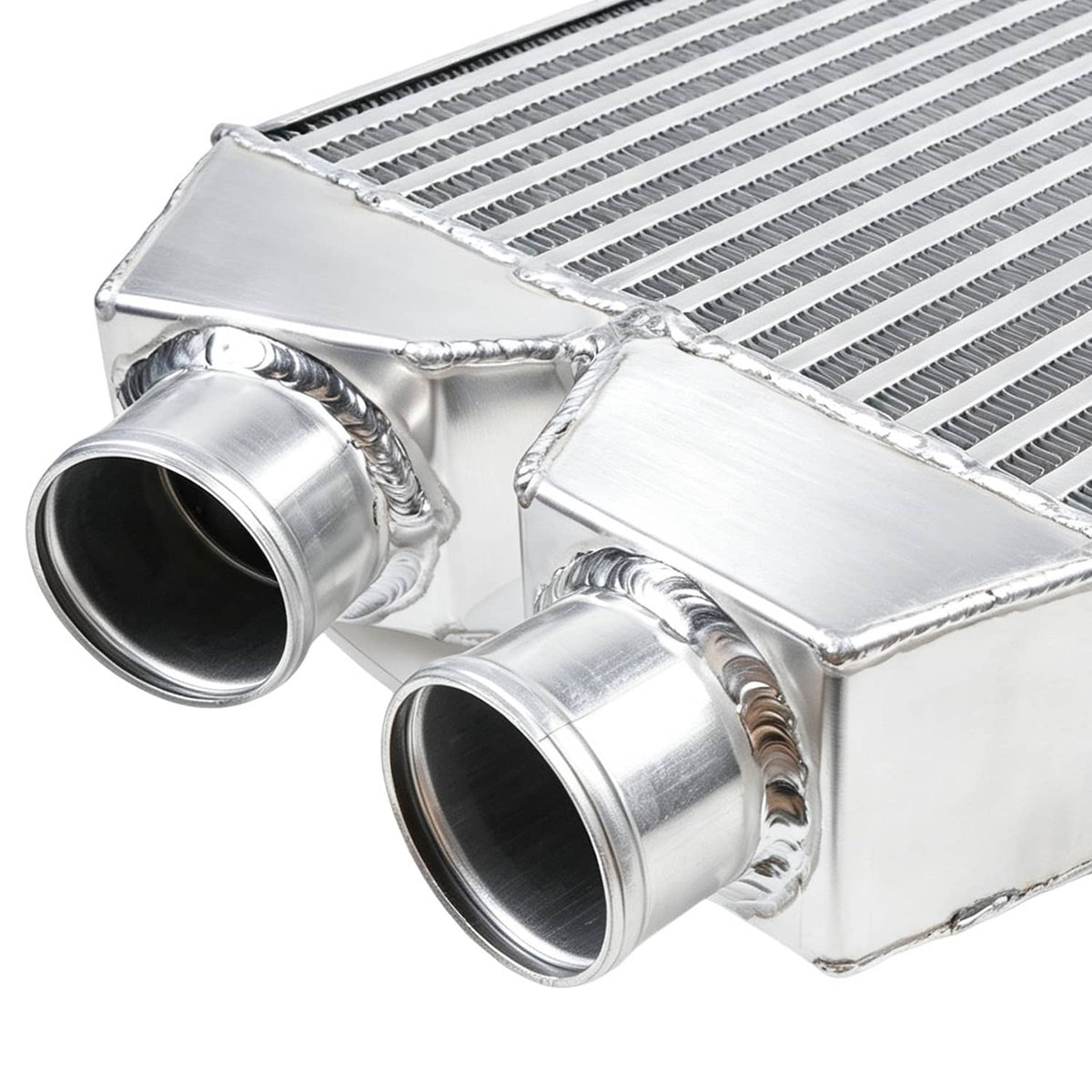 Aluminum intercooler end with twin inlet/outlet pipes and welded corner seams