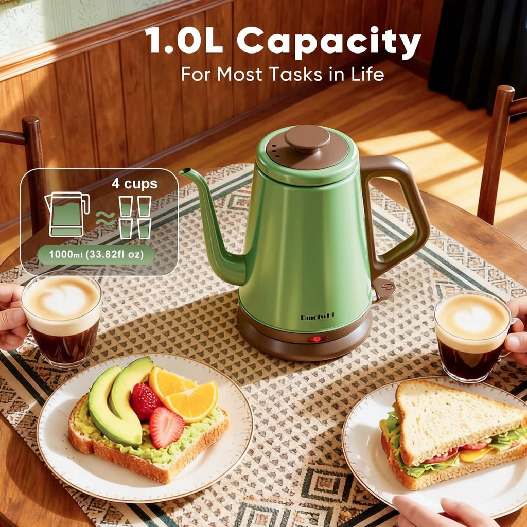 Green electric gooseneck kettle with brown base and angled spout