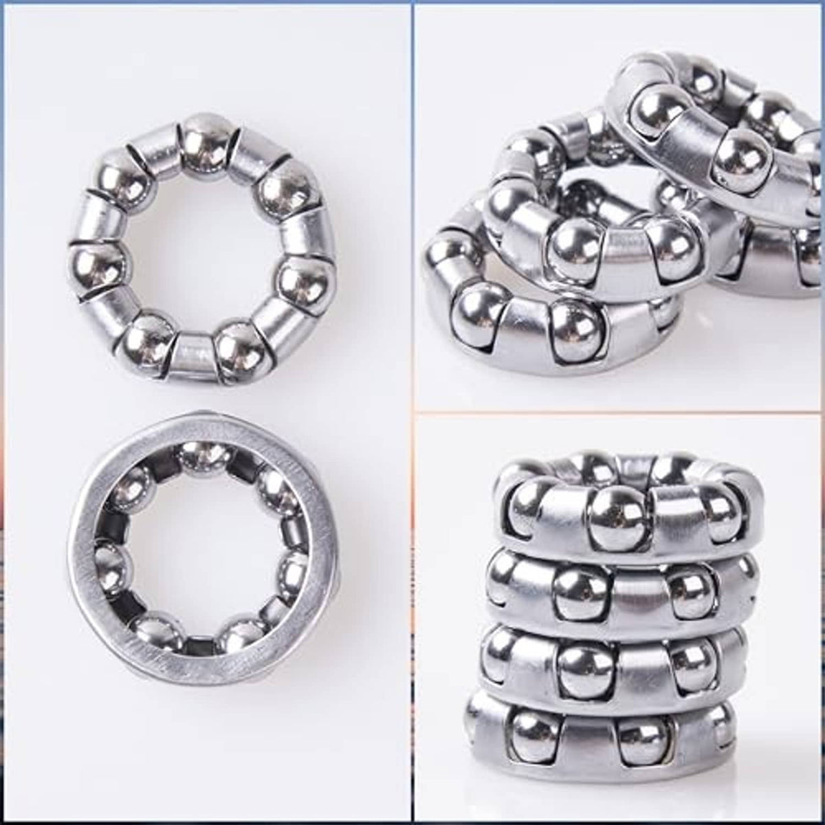 Bike hub ball bearing ring close-up, silver metal balls in circular cage