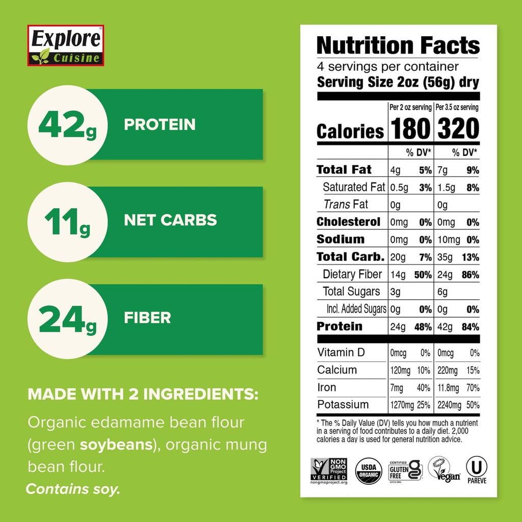 Nutrition facts label for organic edamame & mung bean fettuccine, serving info