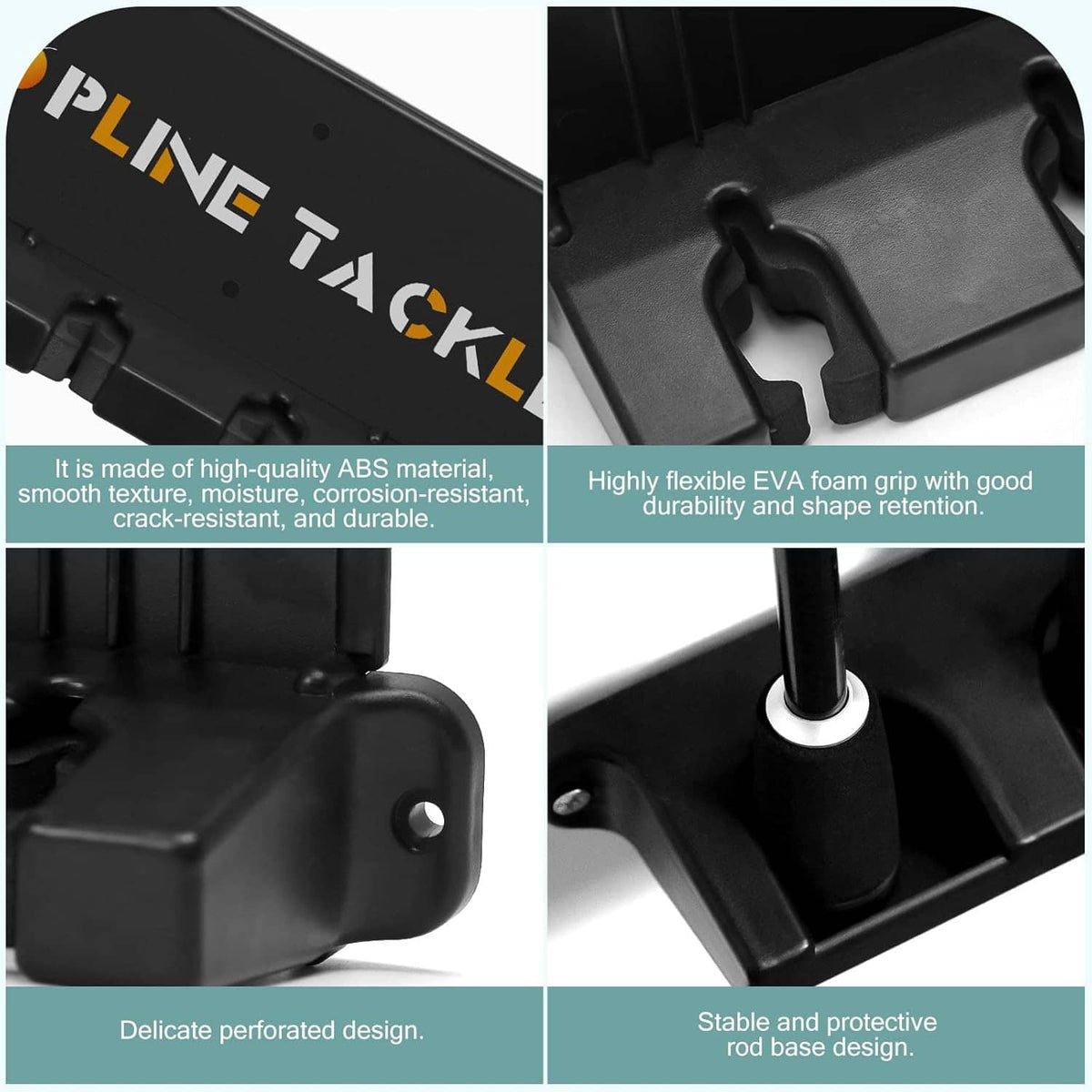 Black ABS wall rod holder with cushioned EVA grips and molded mounting channel