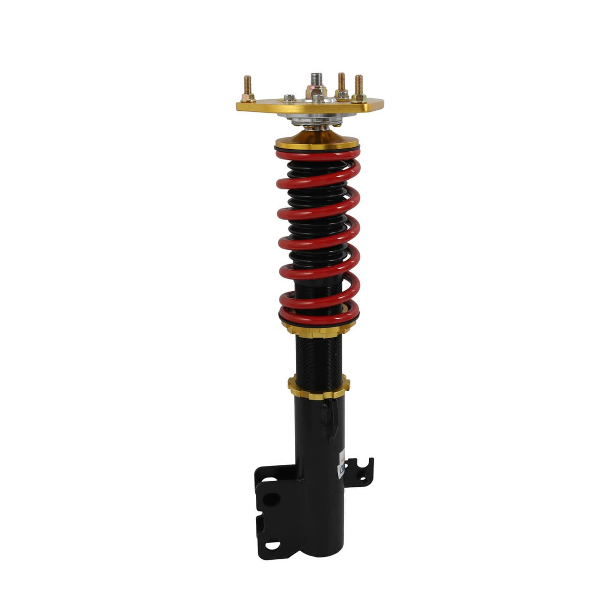 Adjustable front coilover with red spring, black damper body, and gold top plate