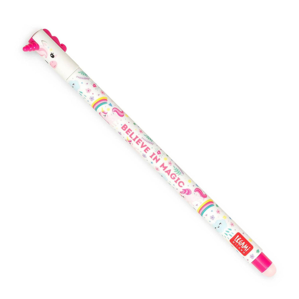 Unicorn theme erasable gel pen with pink cap and colorful barrel print, 0.7 mm tip