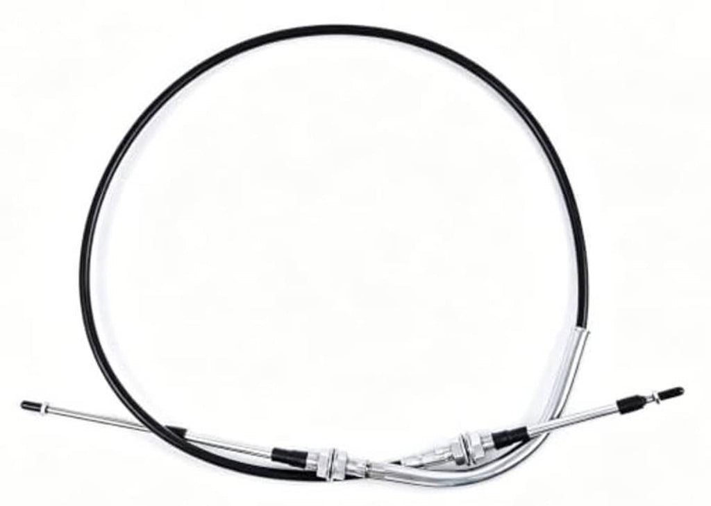 Golf cart transmission shift cable with two black rubber handles and silver connectors