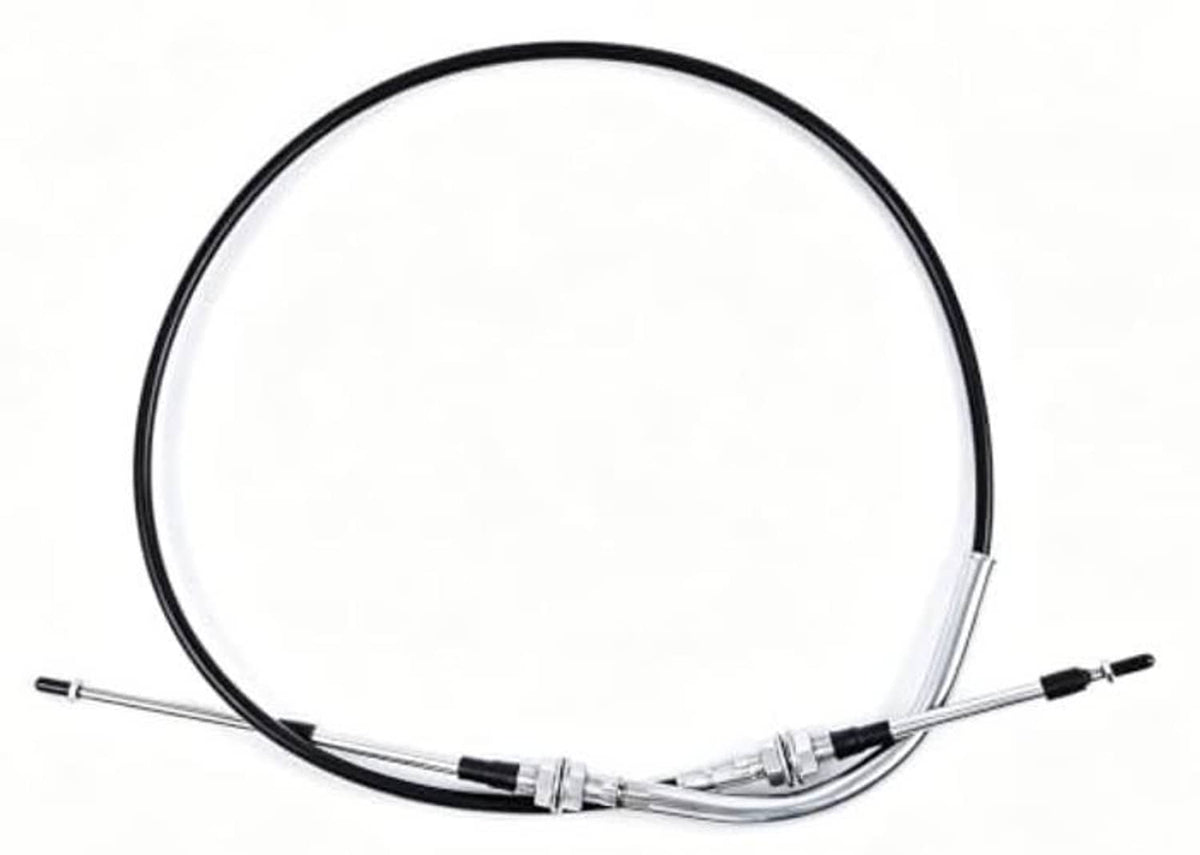 Golf cart transmission shift cable with two black rubber handles and silver connectors
