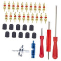 Valve stem removal tool set with brass cores, black caps, red and steel handles