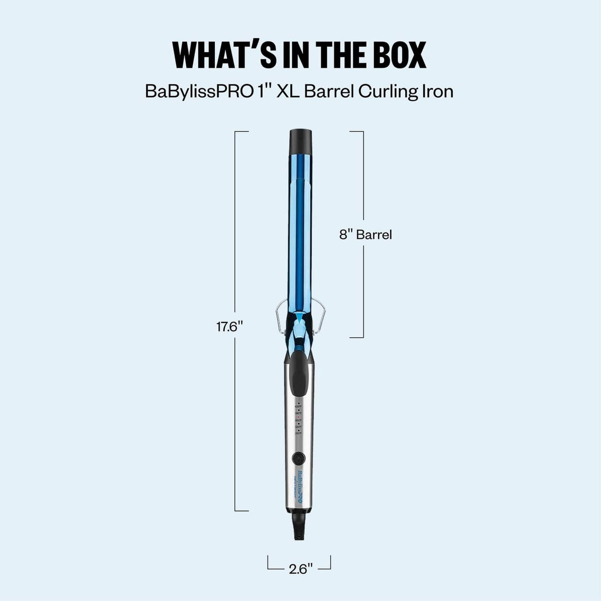 BaBylissPRO XL barrel curling iron product diagram with blue handle