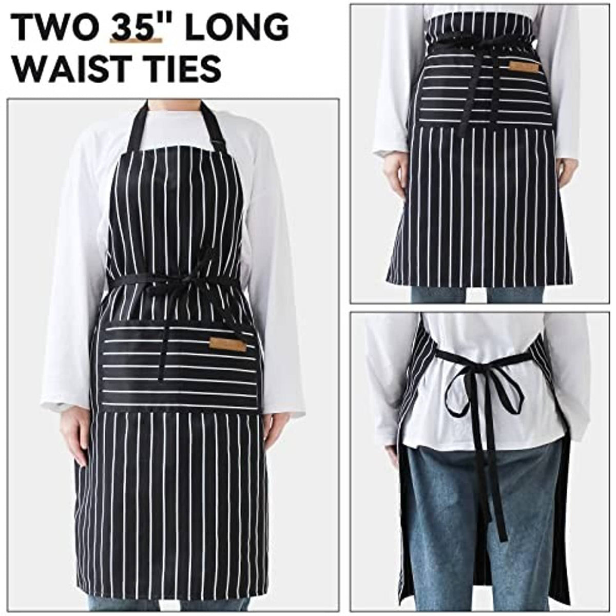 Dark striped kitchen apron with long waist ties and multiple front pockets