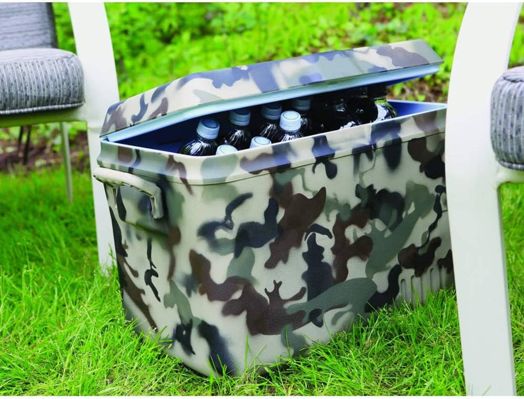 Camouflage-painted storage bin outdoors with matching camouflage lid