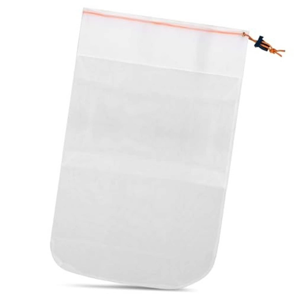White fine mesh pool cleaner debris bag with orange drawstring and clamped top