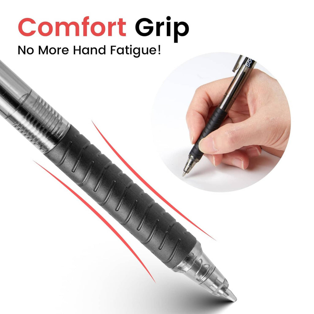 Black ballpoint pen with ribbed grip, writing tip shown