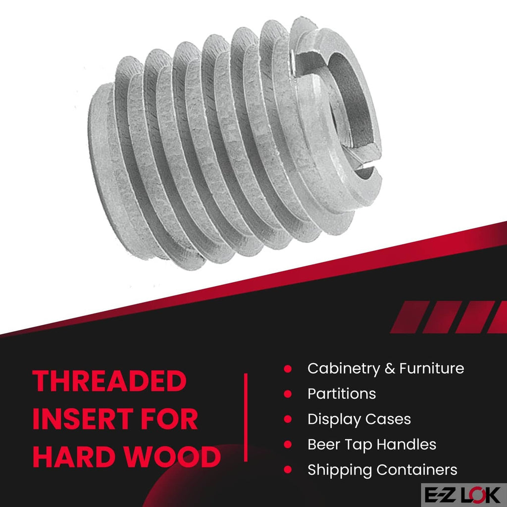 Stainless steel threaded insert, side view with spiral ridges and internal slot