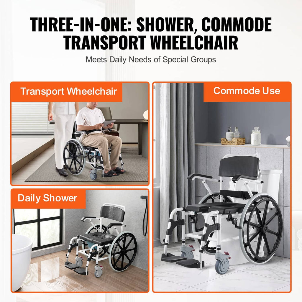 Shower and commode wheelchair with black seat and back, white frame, large rear wheels