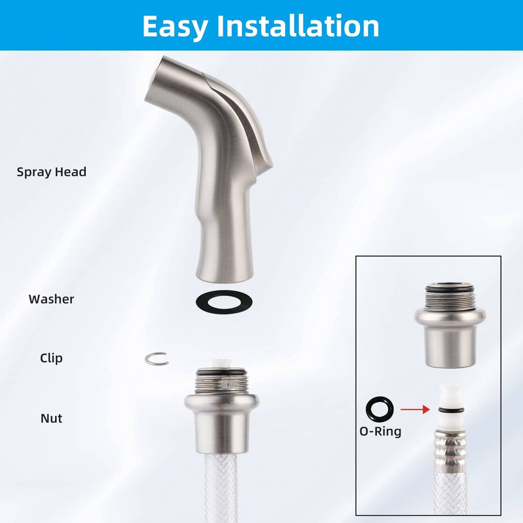 Brushed nickel sprayer head with installation parts, including O-ring and washer