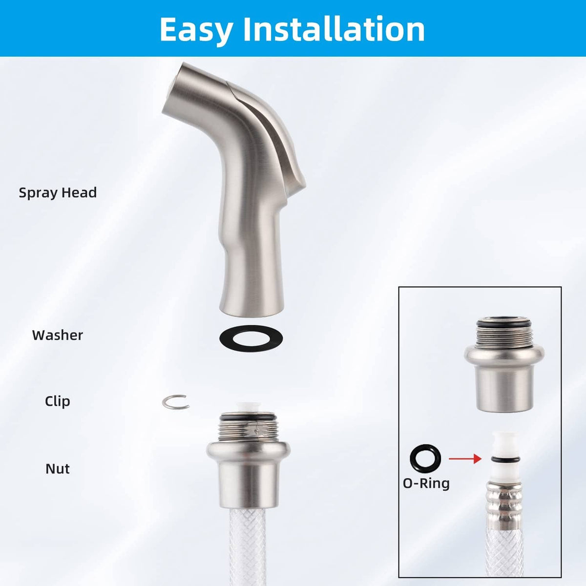 Brushed nickel sprayer head with installation parts, including O-ring and washer