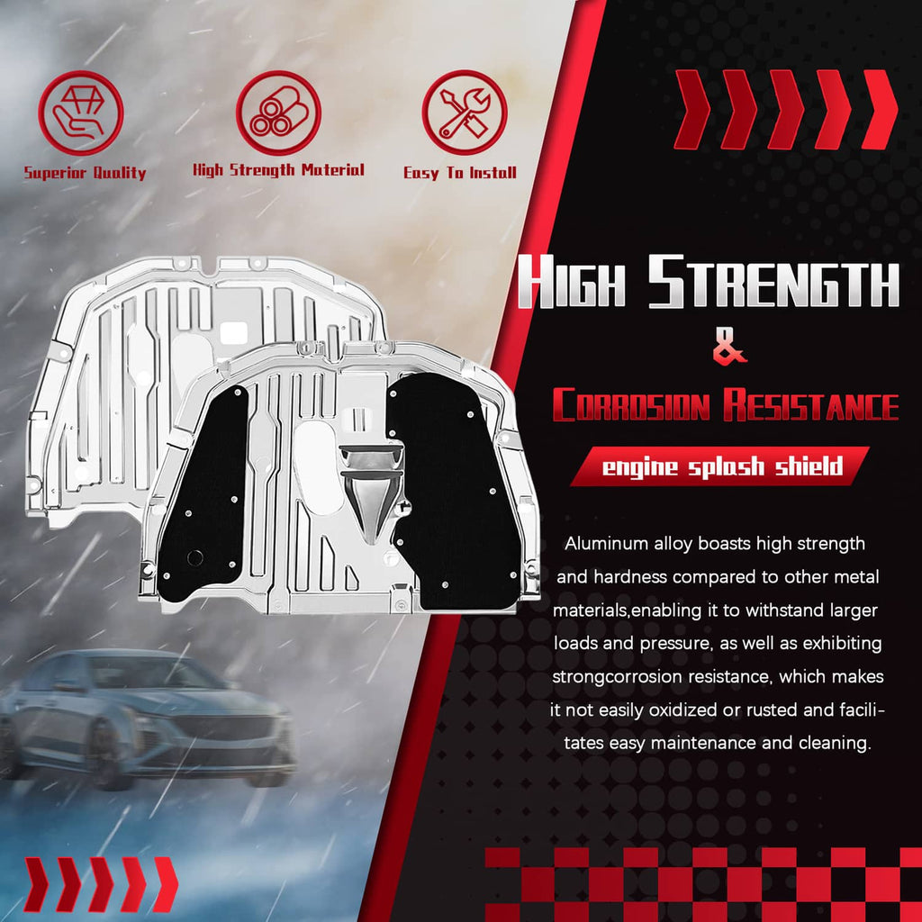 Engine splash guard underbody shield with silver panel and black fabric protection pads