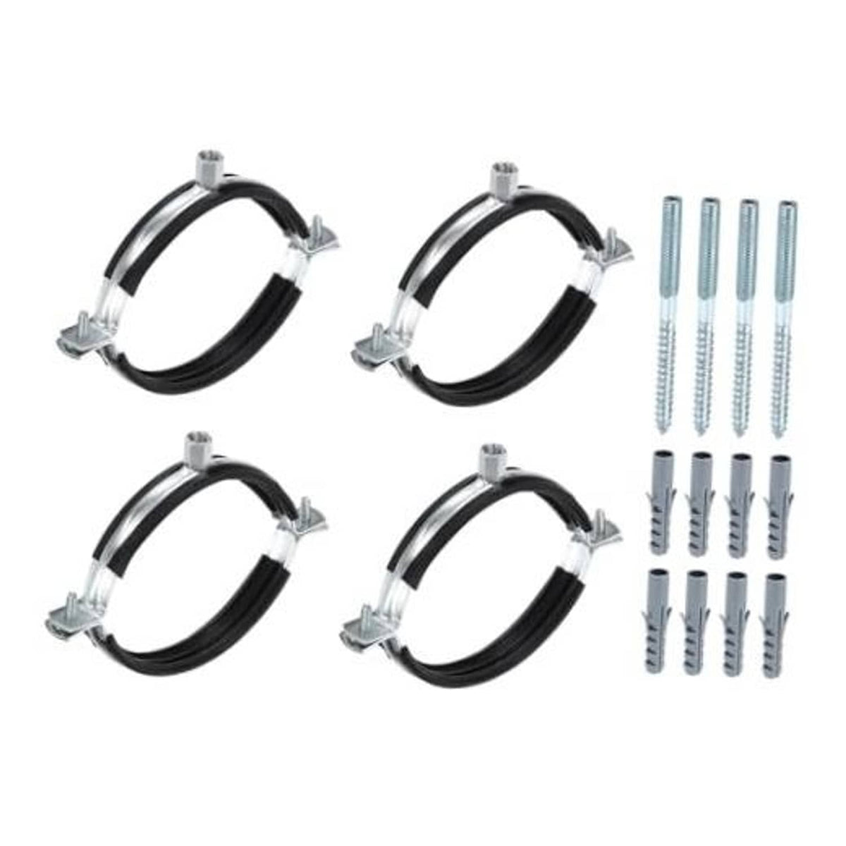 4-pack black split ring pipe hangers with galvanized bolts and mounting screws