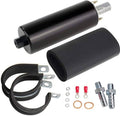 Black inline fuel pump with metal terminals and hose fittings