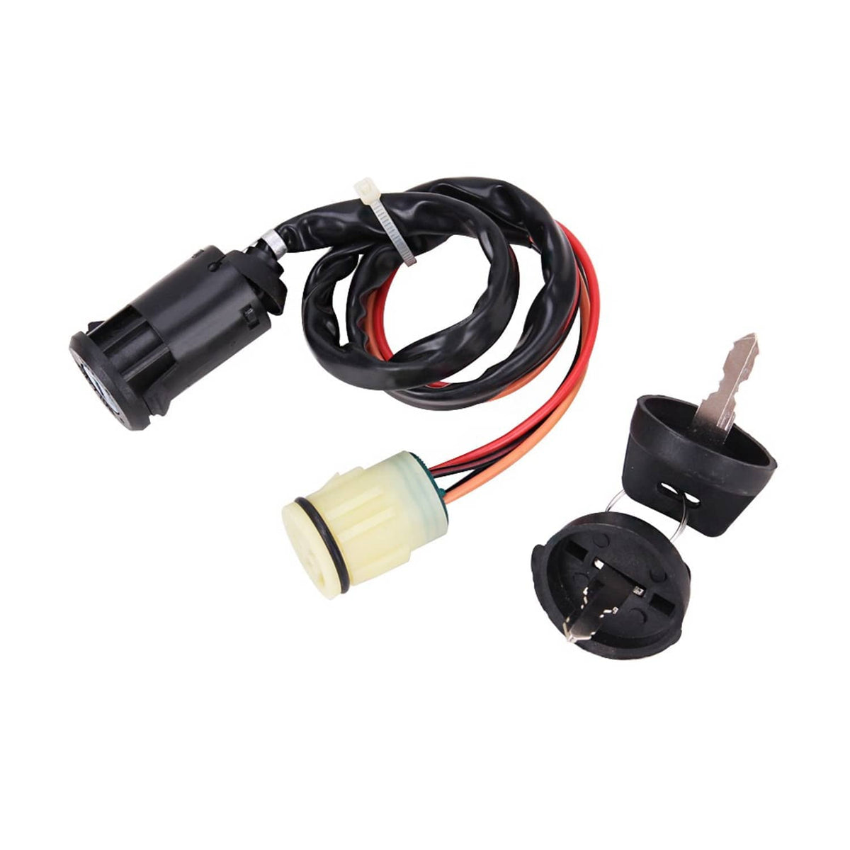 Ignition key switch wiring kit with keys, black housings, and light connector plug