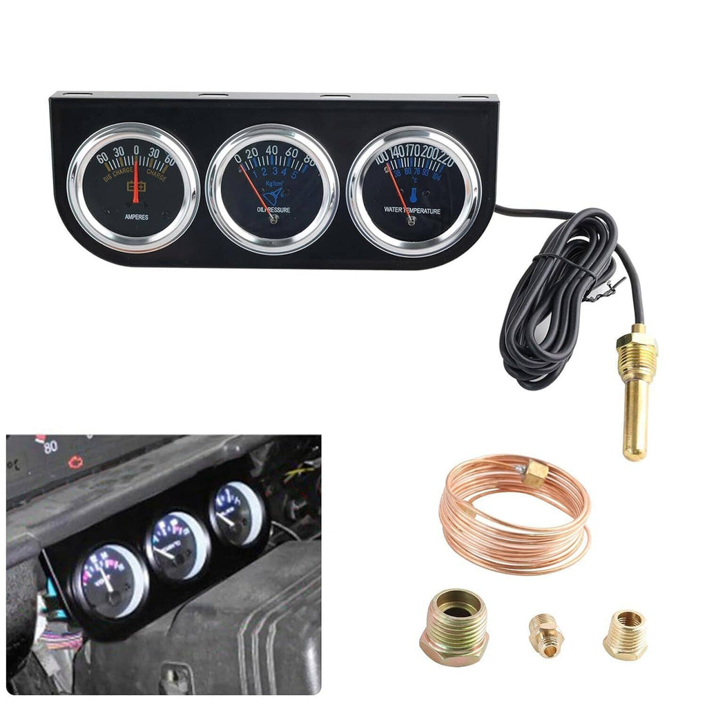 Triple car gauge set with three meters, coiled copper wire, sensors, and wiring harness