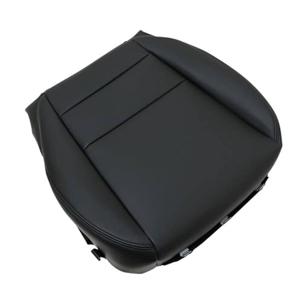 Black leather seat bottom cover top view showing seam lines and contoured cushion shape.