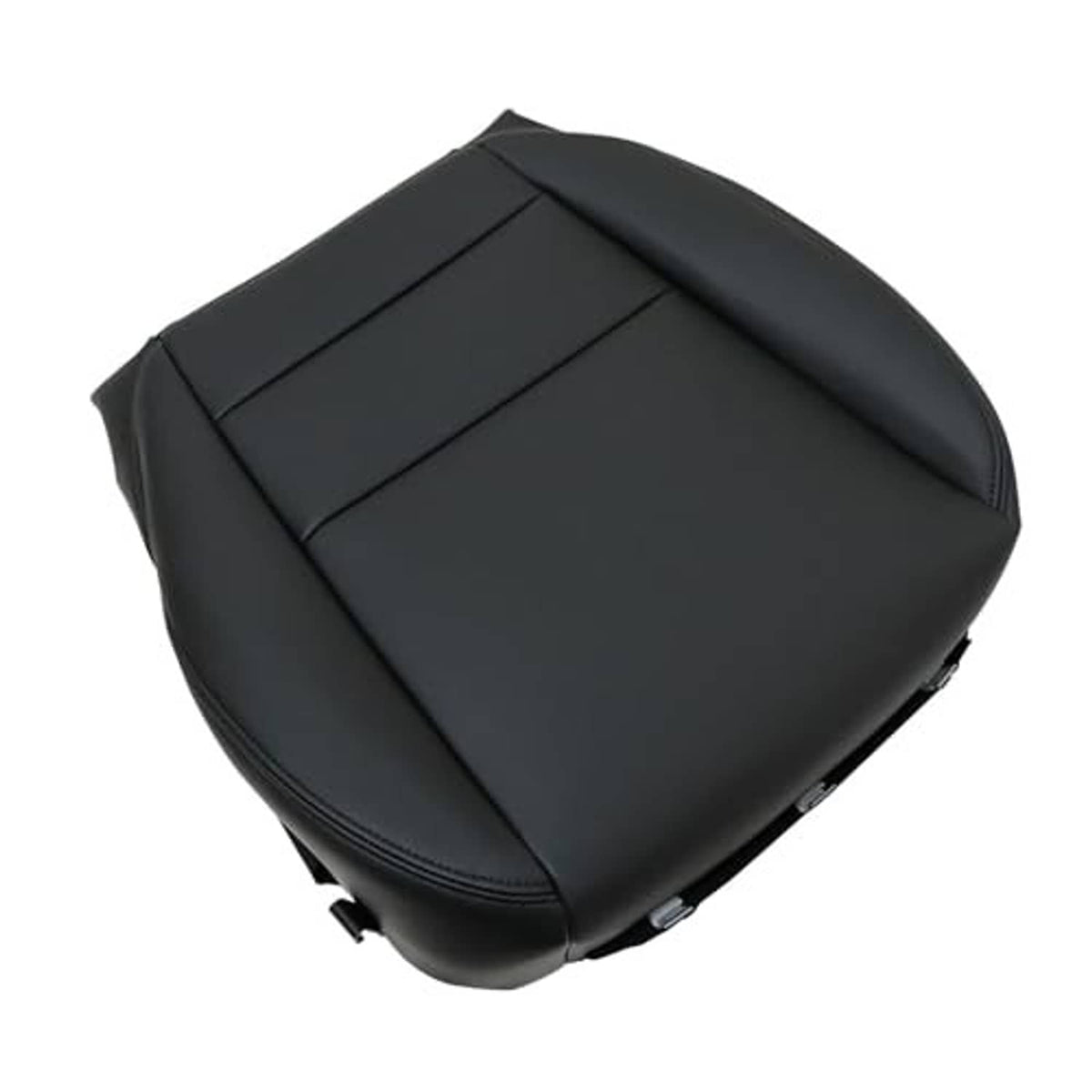 Black leather seat bottom cover top view showing seam lines and contoured cushion shape.