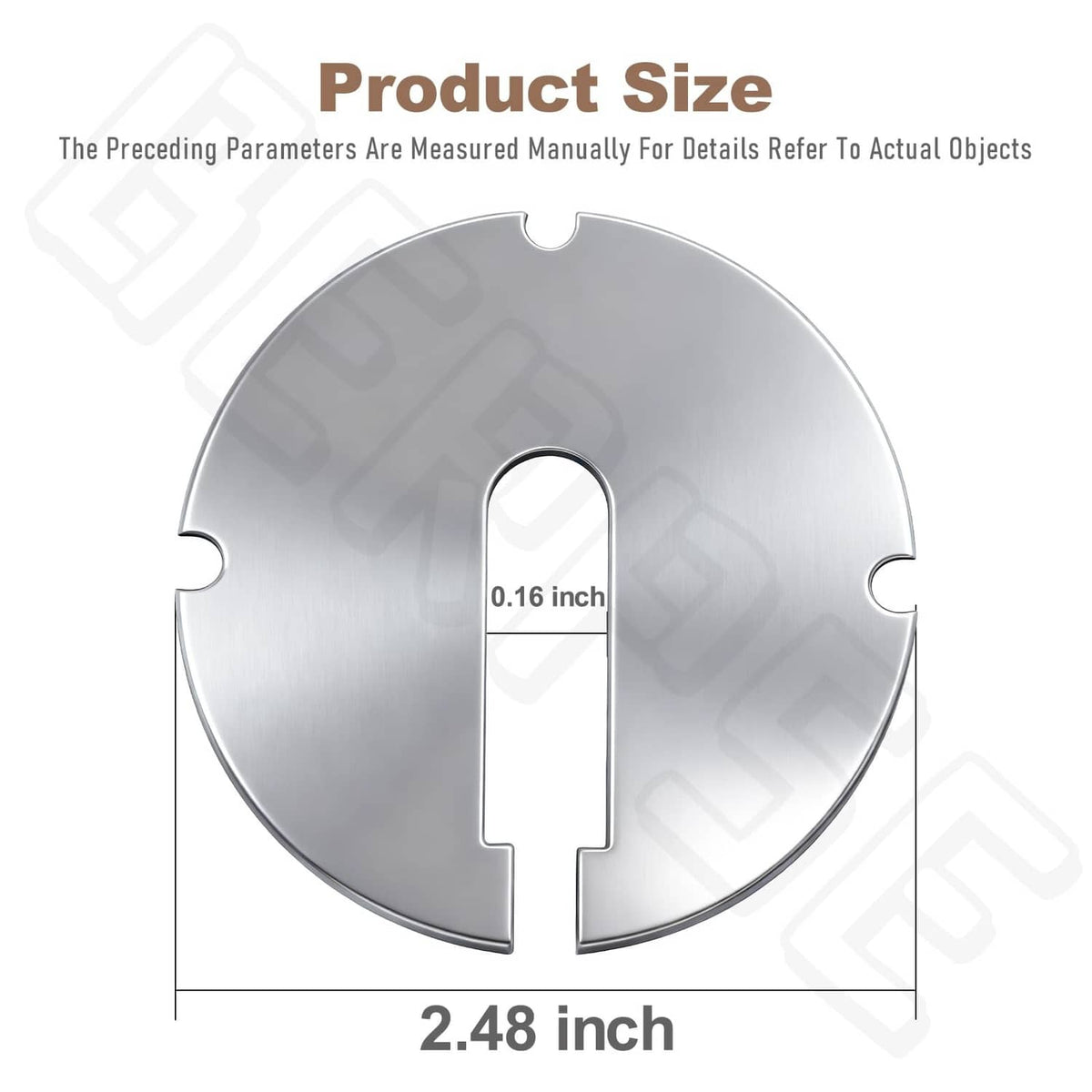 Circular metal table insert, 2.48 in, with central slot and four side notches