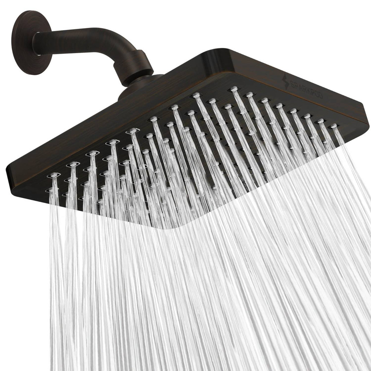 Vintage oil-rubbed bronze square rain shower head with full-cover spray nozzles.