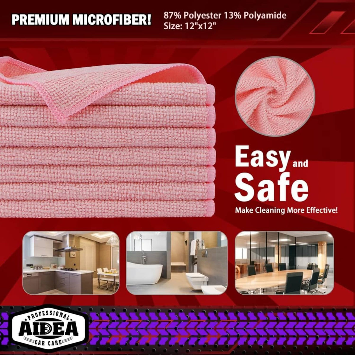 Pink microfiber cleaning cloth stack, 12x12 in, smooth absorbent looped texture