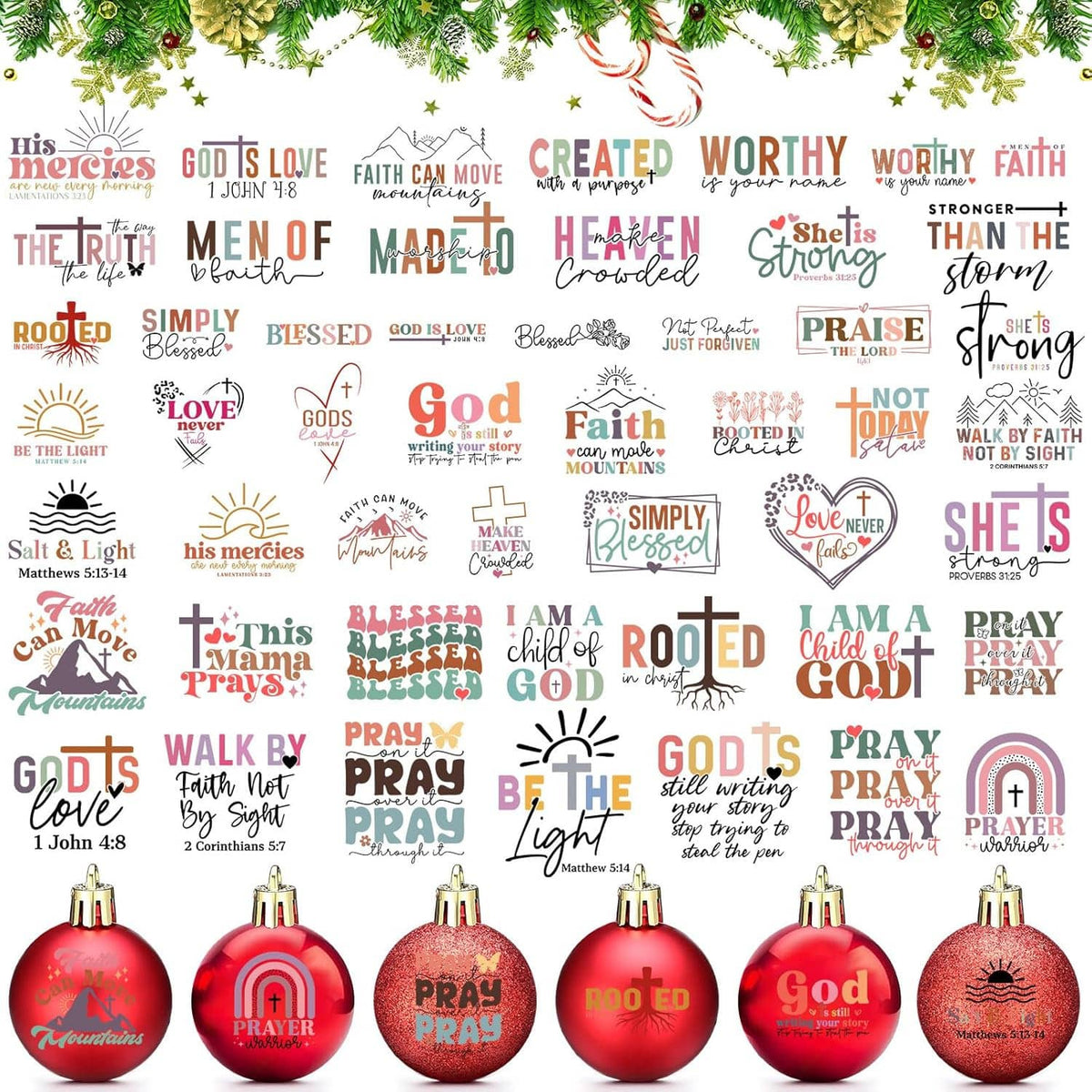 Christmas faith word sticker sheet with red, gold, and green lettering and ornament designs