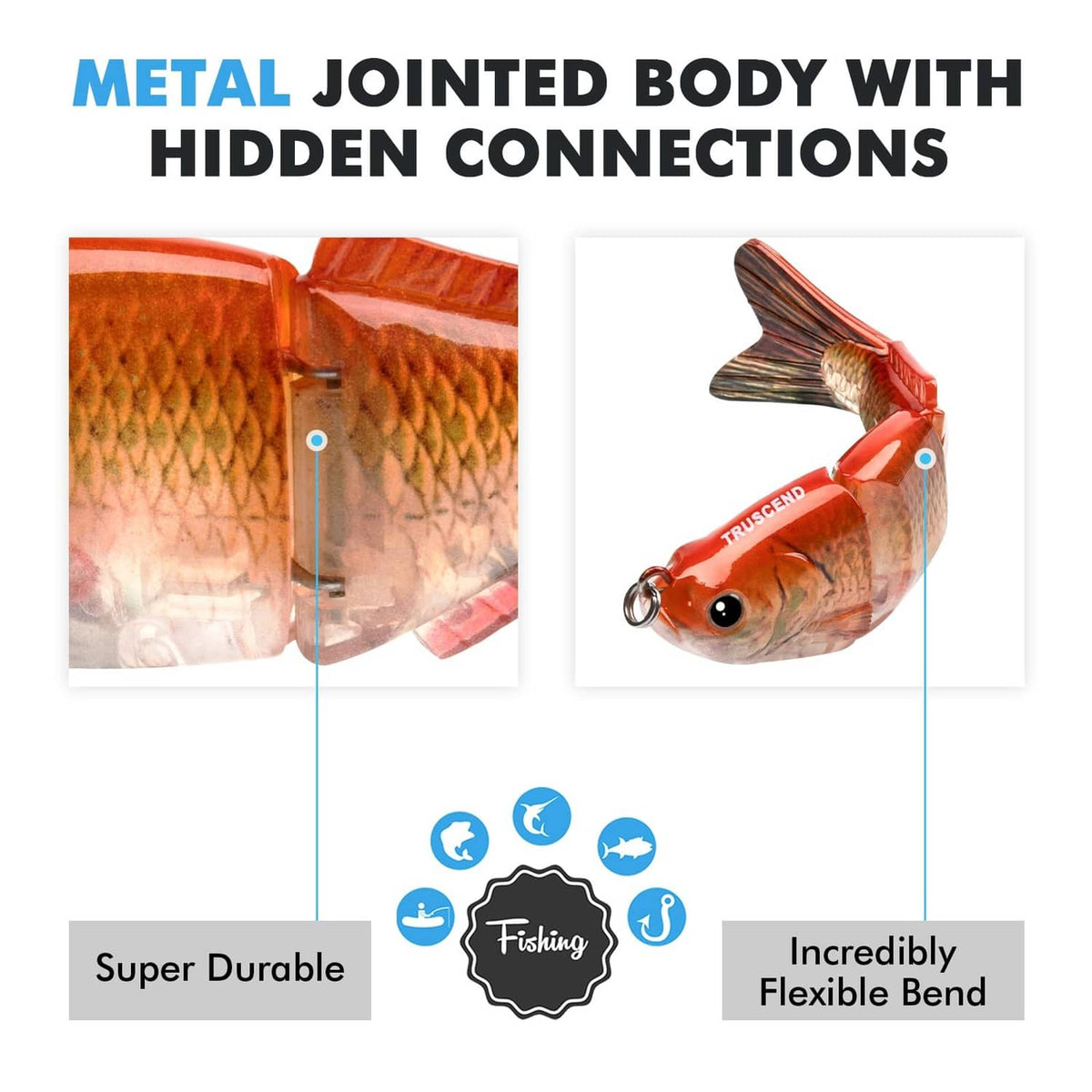 Orange metal jointed swimbait lure with treble hooks and reflective scale finish