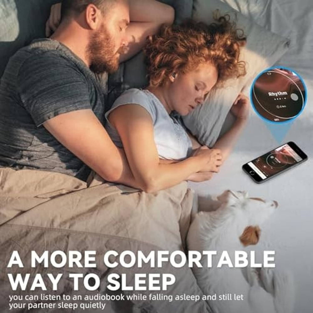 Wireless sleep earbuds in mint green worn by two people while lying in bed