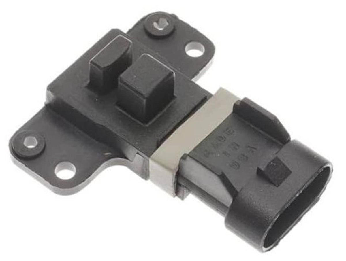 Engine camshaft position sensor with black electrical connector and mounting bracket