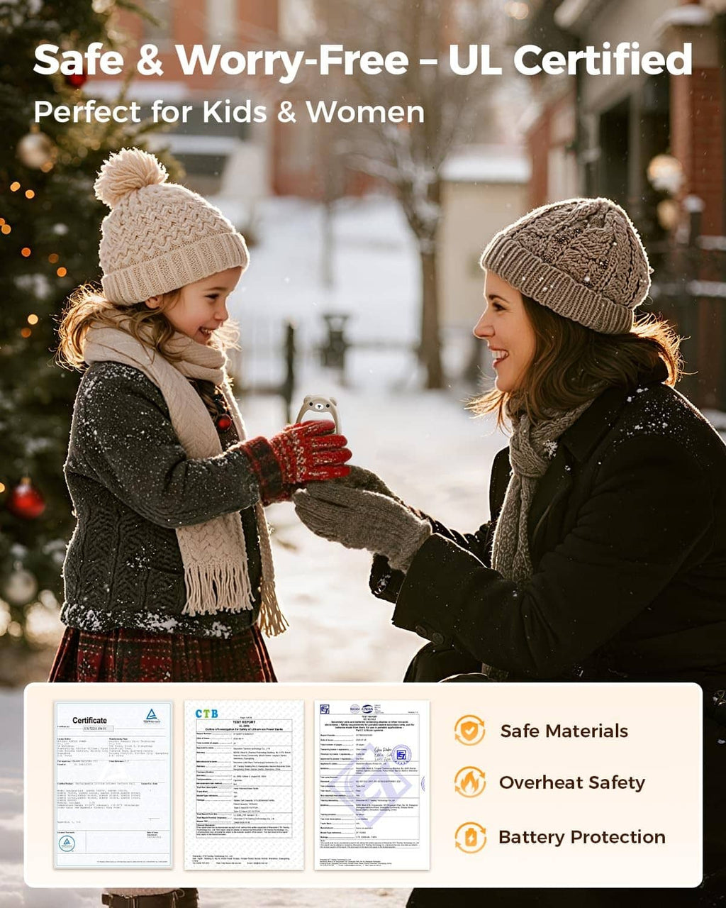 Bear-shaped hand warmers in winter outdoors, two people holding brown warmers