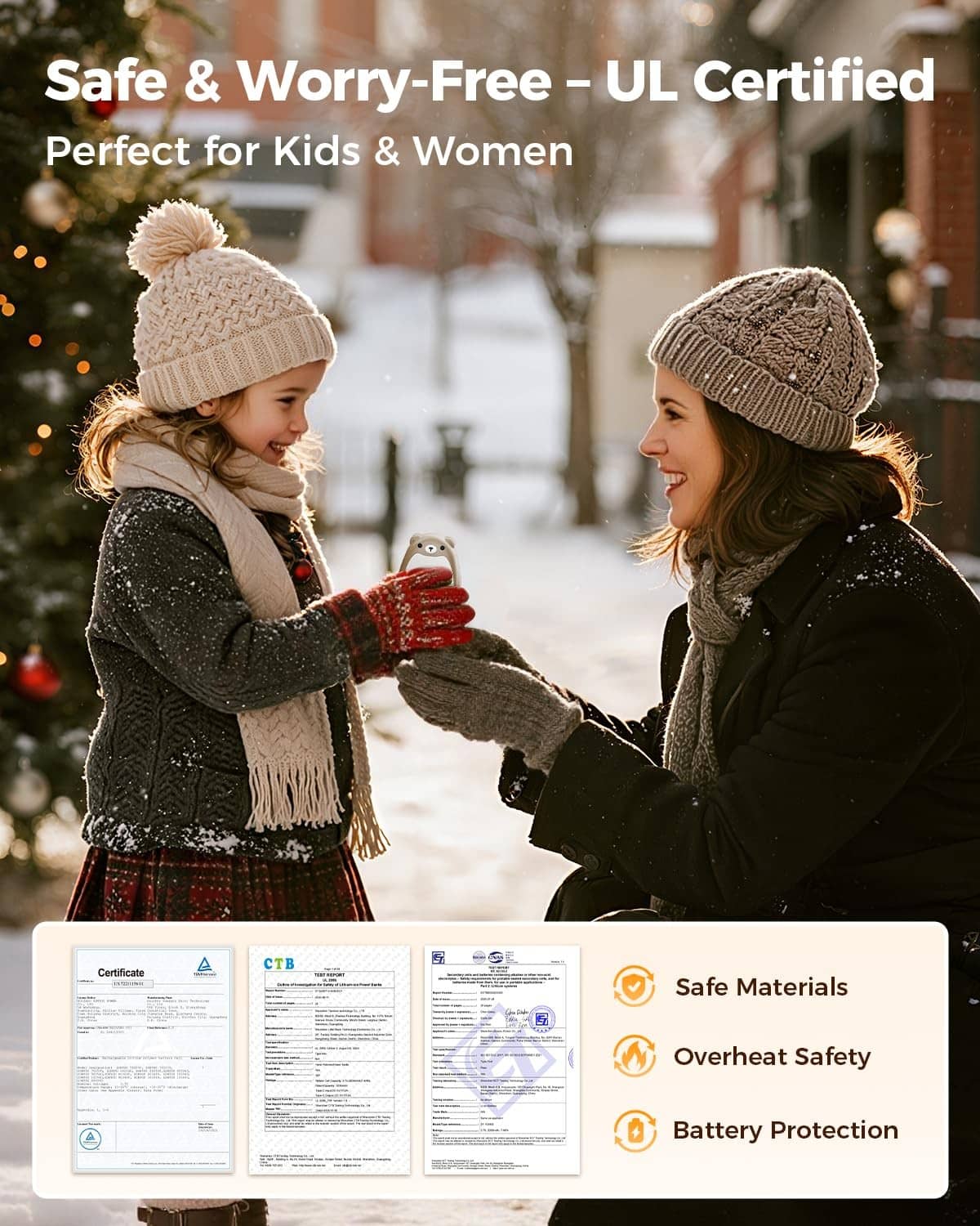 Bear-shaped hand warmers in winter outdoors, two people holding brown warmers
