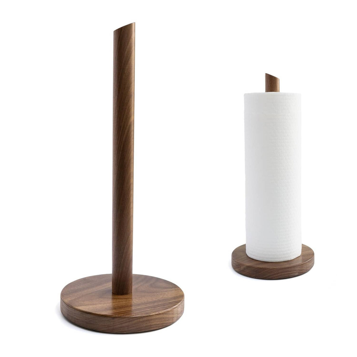 Dark walnut wooden paper towel holder with round base and vertical pole