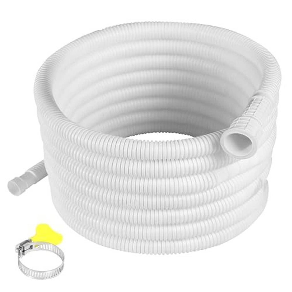 Coiled white dehumidifier drain hose with round end adapter and side spout